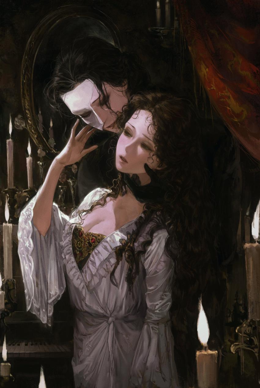 2girls black_eyeshadow black_gloves black_hair breasts brown_hair candle christine_daae cleavage commentary couple curly_hair curtains dress english_commentary erik_(phantom_of_the_opera) eyeshadow genderswap genderswap_(mtf) gloves half-closed_eyes half_mask hand_on_another's_cheek hand_on_another's_face hand_on_own_face hand_up highres instrument light_smile long_hair looking_down makeup mask mirror multiple_girls parted_lips phantom_of_the_opera piano ringlets seapall standing upper_body white_dress white_mask wide_sleeves yuri