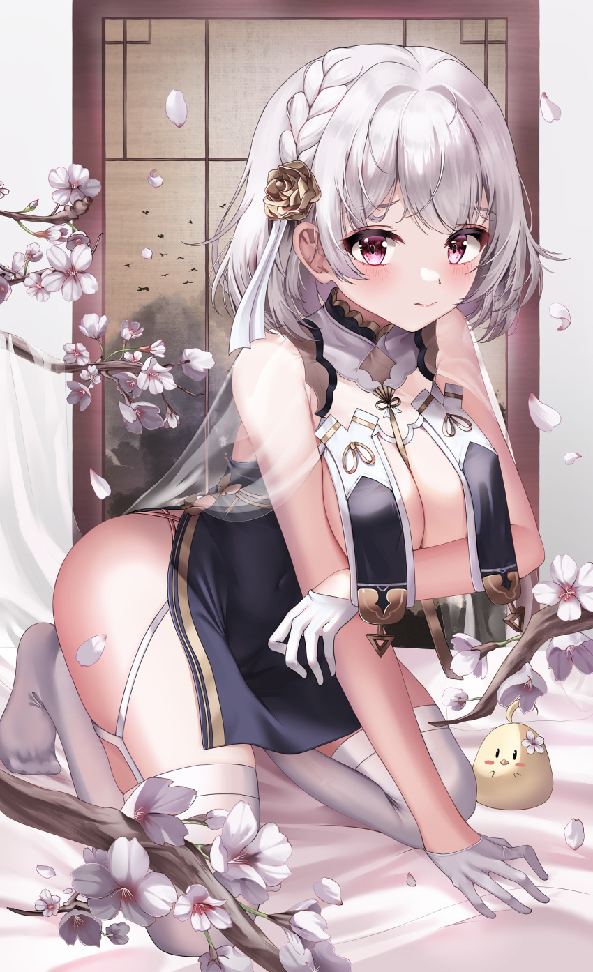 1girl arm_under_breasts azur_lane bangs branch breast_curtains breasts chanpower233 cherry_blossoms china_dress chinese_clothes cleavage commentary_request covered_navel dress falling_petals flower gloves golden_rose hair_flower hair_ornament half_gloves highres kneeling large_breasts leaning_forward looking_at_viewer manjuu_(azur_lane) official_alternate_costume pelvic_curtain petals pink_eyes revealing_clothes short_hair sidelocks sirius_(azur_lane) sirius_(azure_horizons)_(azur_lane) skindentation solo thighhighs thighs white_gloves white_hair white_thighhighs