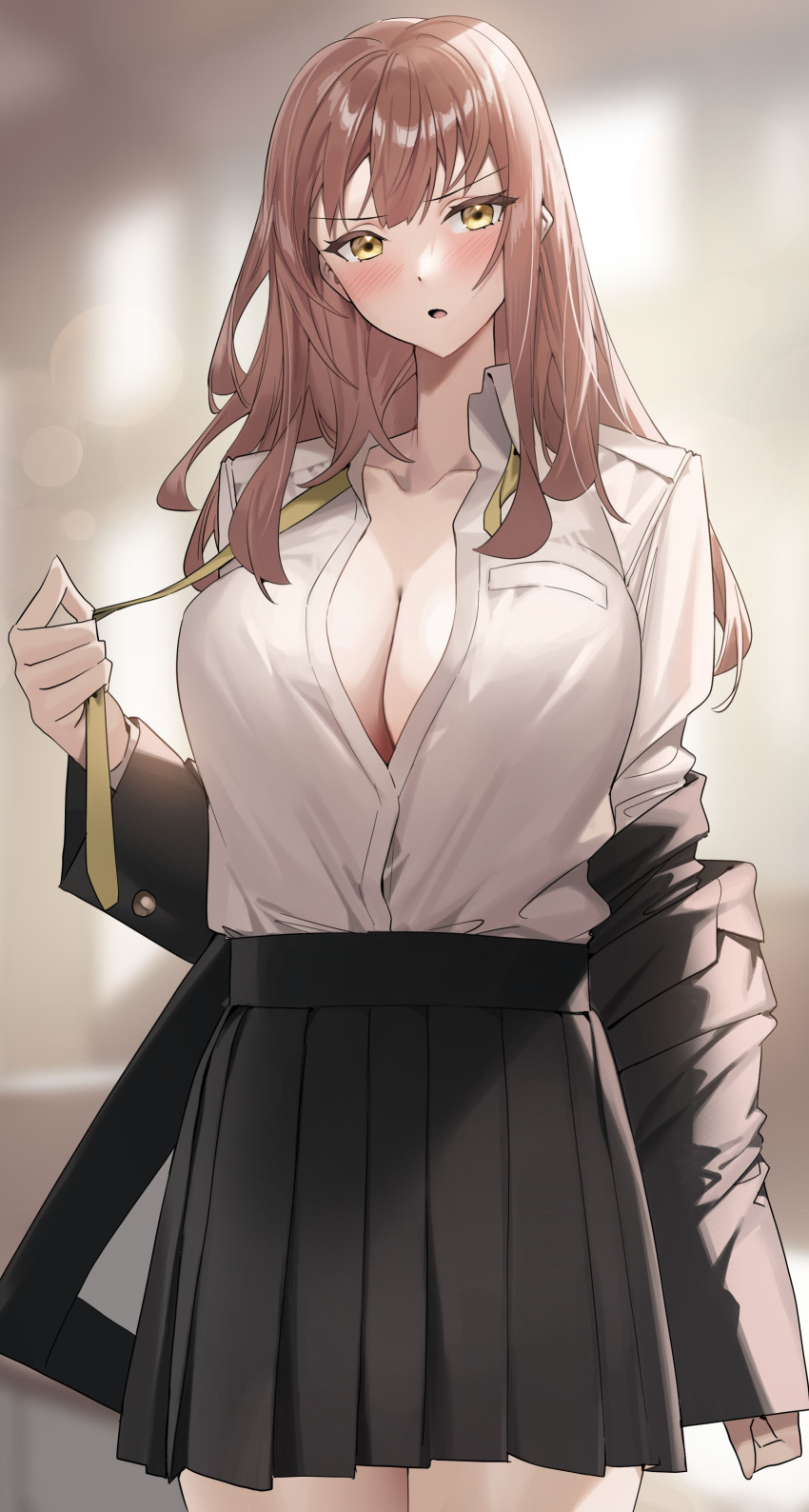 1girl absurdres black_jacket black_skirt blurry blurry_background blush breasts cleavage highres jacket large_breasts long_hair necktie off_shoulder open_mouth original partially_unbuttoned pleated_skirt raitho school_uniform skirt standing yellow_eyes yellow_necktie