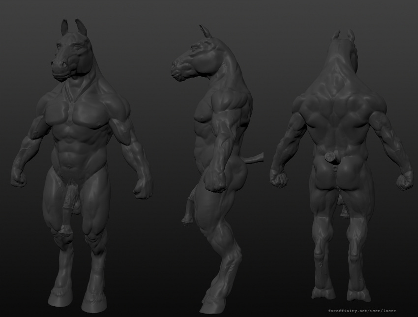 3d_(artwork) abs animal_genitalia animal_penis anthro balls digital_media_(artwork) equid equine equine_penis flared_penis front_view full-length_portrait genitals half-erect hooves horse laser_(artist) male mammal medial_ring monochrome mouth_closed multiple_images muscular muscular_anthro muscular_male nude pecs penis portrait rear_view side_view simple_background solo standing text url