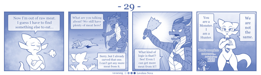 blue_and_white comic detailed_background dialogue dragon duo english_text featureless_chest featureless_crotch female feral flat_chested hi_res horn kobold larger_feral male monochrome profanity size_difference smaller_female speech_bubble text vavacung wings