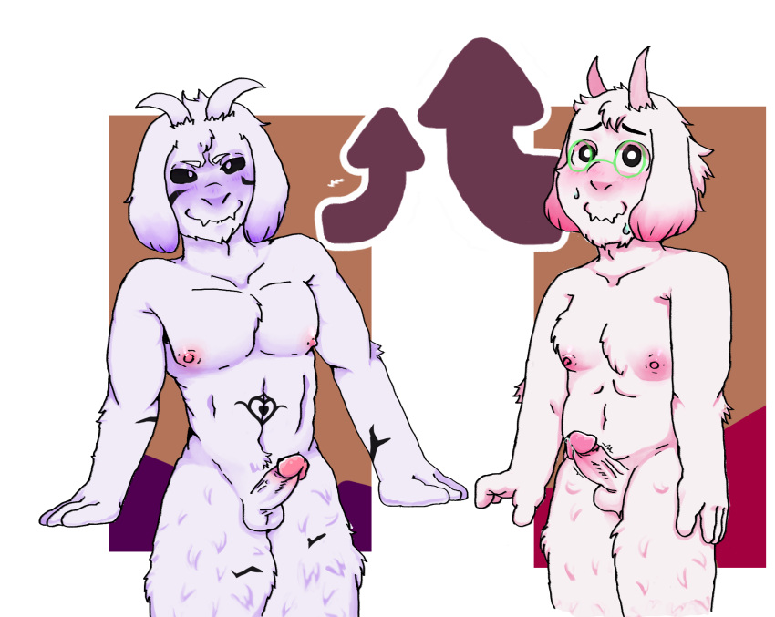 anthro arrow_sign asriel_dreemurr_(god_form) bodily_fluids bovid caprine deltarune duo erection genital_fluids genitals goat hi_res horn leaking_precum male male/male mammal momoskinks nipples nude penis precum ralsei sweat undertale undertale_(series) video_games