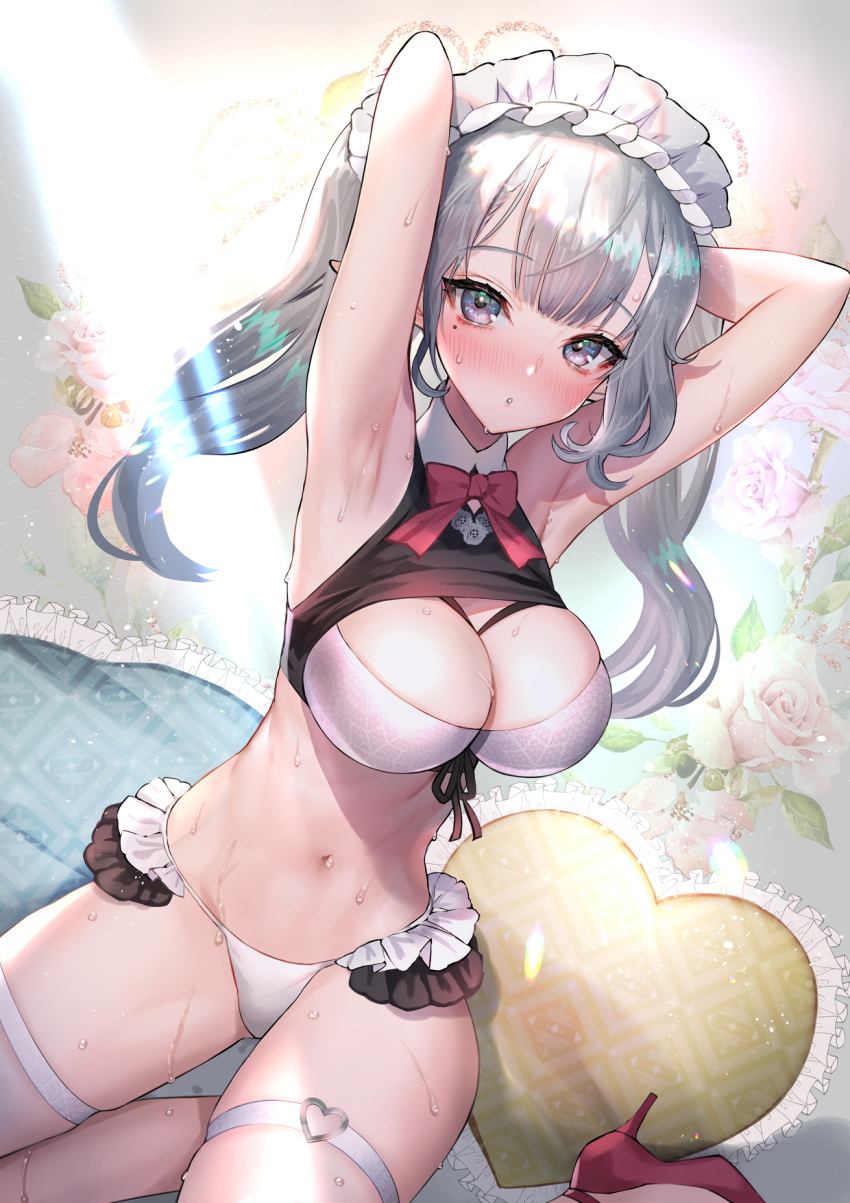 1girl armpits arms_behind_head arms_up babydoll bangs bare_shoulders bikini blush bow bowtie breasts cleavage crop_top dutch_angle elf flower frilled_bikini frilled_pillow frills front-tie_bikini_top front-tie_top grey_hair heart heart_pillow high_heels highres hitowa indoors large_breasts long_hair looking_at_viewer maid maid_bikini maid_headdress mole mole_under_eye navel on_bed original parted_lips pillow pink_flower pink_rose pointy_ears purple_eyes red_bow red_bowtie red_footwear ribbon rose sitting skindentation solo sparkle stomach sunlight sweat swimsuit thigh_strap thighs twintails white_bikini