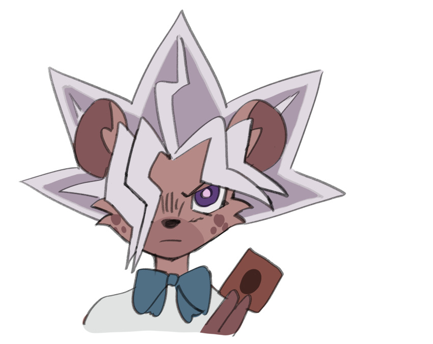 anthro atem_(yu-gi-oh) bow_(feature) bow_tie card cheek_tuft clothed clothing digital_media_(artwork) facial_tuft female fingers fur hair hair_over_eye hi_res holding_card holding_object hyaenid jk_(kemokin_mania) kemokin_mania konami looking_at_viewer mammal one_eye_obstructed purple_eyes shirt simple_background solo spiky_hair spotted_hyena topwear tuft white_clothing yu-gi-oh!