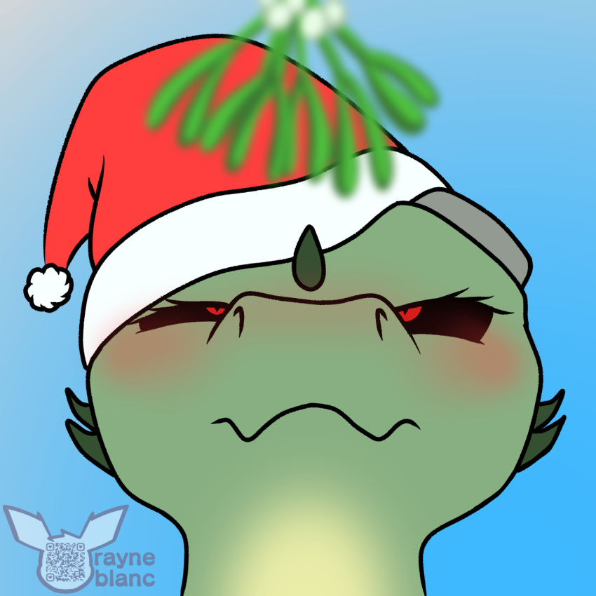 1:1 albinoraynedeer argonian bethesda_softworks blush christmas christmas_clothing christmas_headwear clothing hat headgear headwear hi_res holidays meer-mah mistletoe narrowed_eyes plant santa_hat scalie the_elder_scrolls video_games