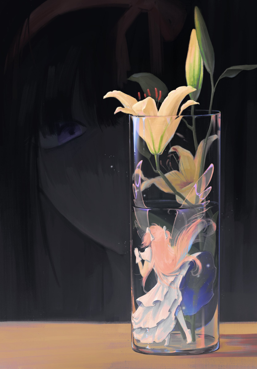 2girls akemi_homura angel_wings bangs black_hair blurry bow bud corde11a cup depth_of_field dress drinking_glass facing_away flower gloves hair_bow hair_ribbon highres in_container in_cup kaname_madoka korean_commentary light_particles lily_(flower) long_hair looking_at_another mahou_shoujo_madoka_magica multiple_girls one_eye_covered pantyhose purple_eyes red_ribbon ribbon short_sleeves size_difference solo_focus standing submerged tiptoes transparent_wings two-sided_fabric two_side_up ultimate_madoka vase very_long_hair white_bow white_dress white_gloves white_pantyhose wings