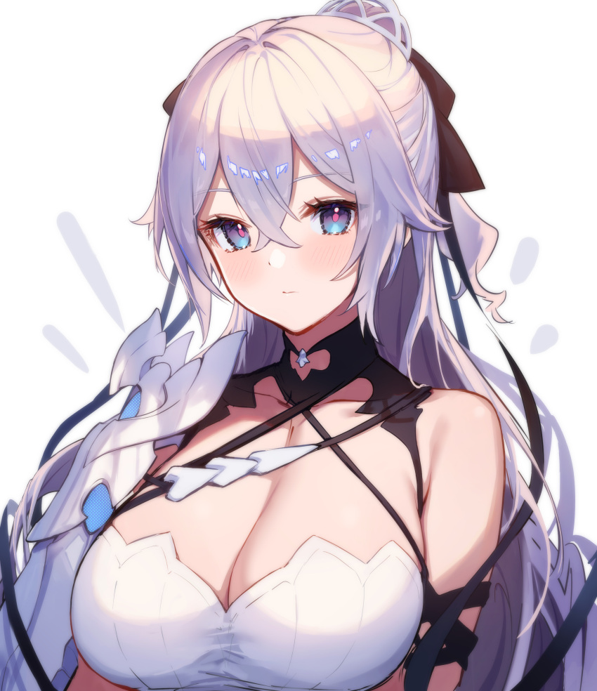 1girl @shuntarou absurdres armor bangs bare_shoulders blue_eyes breasts bronya_zaychik bronya_zaychik_(silverwing:_n-ex) cleavage closed_mouth collarbone commentary crossed_bangs dress english_commentary expressionless hair_between_eyes hair_ornament hair_ribbon half_updo highres honkai_(series) honkai_impact_3rd large_breasts long_hair looking_at_viewer pauldrons revision ribbon shoulder_armor single_pauldron sleeveless sleeveless_dress solo taut_clothes taut_dress upper_body white_dress white_hair