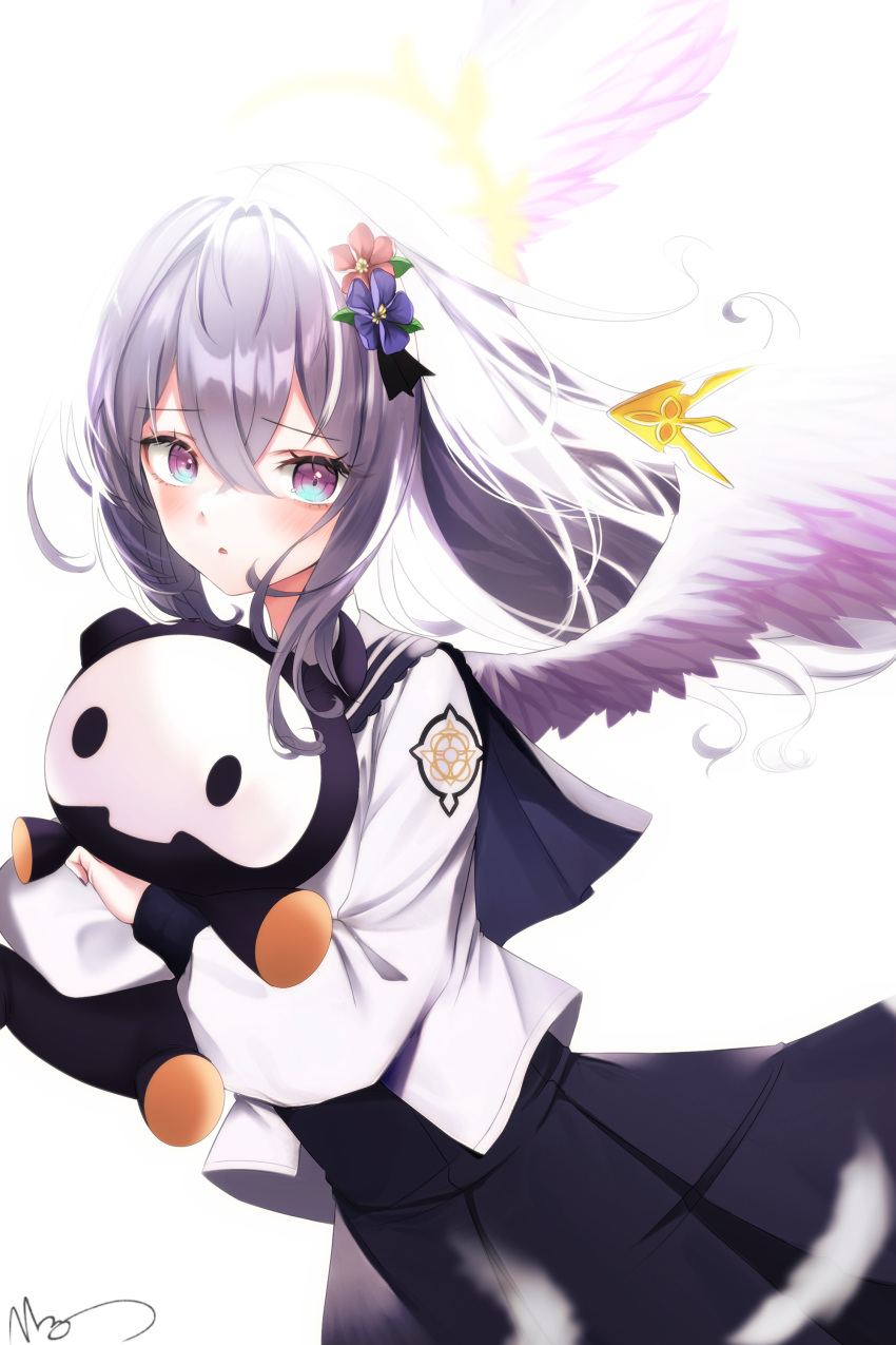 1girl absurdres angel_wings azusa_(blue_archive) black_skirt blue_archive doll flower hair_flower hair_ornament halo highres muang_(muang_vrc) purple_eyes school_uniform skirt uniform white_hair wings