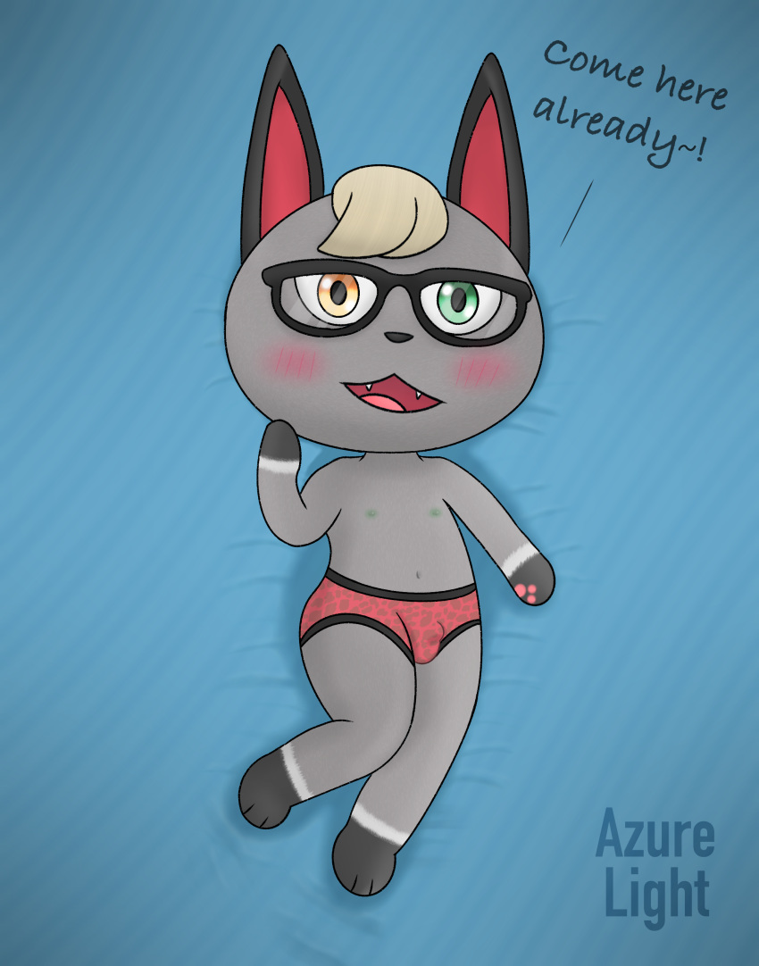 absurd_res animal_crossing anthro azurelight bed briefs bulge clothing domestic_cat english_text eyewear felid feline felis furniture glasses hi_res male mammal nintendo raymond_(animal_crossing) solo text underwear video_games