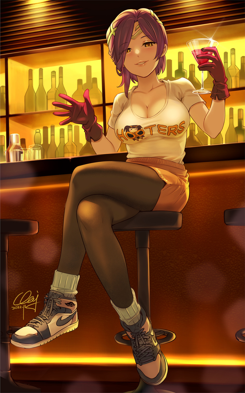 1girl bangs bar_(place) bar_stool black_pantyhose bottle breasts brown_eyes cleavage cocktail_glass collarbone commentary_request crossed_legs cup drinking_glass fire_emblem fire_emblem_heroes gloves highres holding holding_cup hooters kiran_(fire_emblem) large_breasts looking_at_viewer men'youjan orange_shorts pantyhose purple_gloves purple_hair shirt shoes short_hair short_sleeves shorts signature sitting sneakers socks solo stool white_shirt white_socks