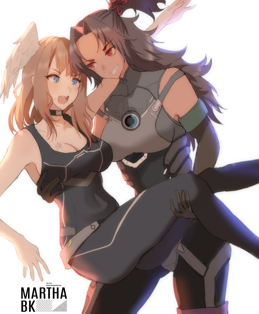 2girls absurdres armor ashera_(xenoblade) bangs black_bodysuit black_choker black_hair blue_eyes bodysuit breast_tattoo breasts brown_hair carrying choker cleavage dark-skinned_female dark_skin eunie_(xenoblade) head_wings highres large_breasts long_hair marthabucks medium_hair multiple_girls open_clothes ponytail princess_carry red_eyes shoulder_armor simple_background smile tattoo white_wings wings xenoblade_chronicles_(series) xenoblade_chronicles_3 yuri