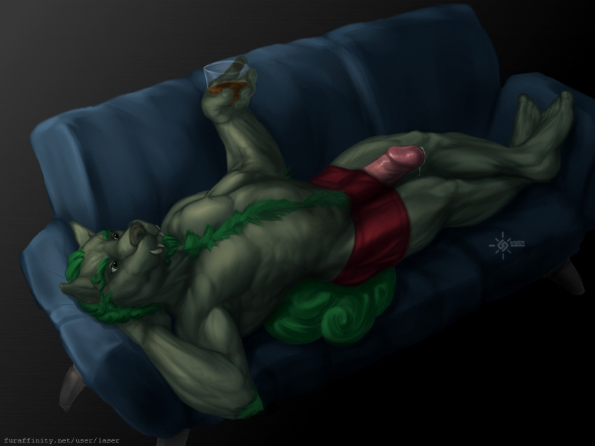 anthro artist_name beverage blue_sofa blue_tail bottomwear chest_tuft clothed clothing elbow_tuft erection full-length_portrait fur furniture genitals green_body green_eyes green_fur hand_behind_head holding_beverage holding_object humanoid_genitalia humanoid_penis ineffective_clothing laser_(artist) lying male mouth_closed muscular muscular_anthro muscular_male on_back on_sofa penis penis_through_leghole pink_penis poking_out portrait red_bottomwear red_clothing red_underwear simple_background sofa solo species_request topless tuft underwear