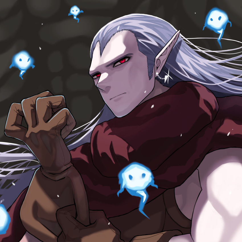 1boy adjusting_clothes adjusting_gloves akitaka_(s_asai) brown_gloves chrono_trigger cloak closed_mouth earrings gloves grey_hair hair_slicked_back highres jewelry long_hair magus_(chrono_trigger) male_focus muscular muscular_male pale_skin pointy_ears red_cloak red_eyes sideburns solo upper_body widow's_peak