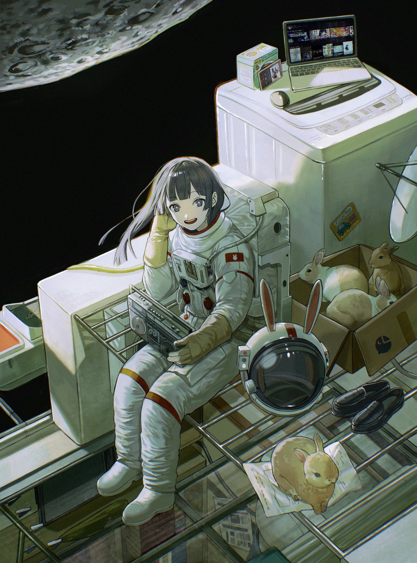 1girl alternate_costume astronaut bell black_eyes black_footwear black_hair box call_bell cardboard_box cellphone computer floating_hair full_body headwear_removed helmet helmet_removed highres ikuta41 laptop loafers long_hair looking_at_viewer moon nijisanji open_mouth pedestrian_lights phone rabbit radio satellite_dish shoes sitting smartphone smile solo space space_helmet spacesuit tsukino_mito virtual_youtuber washing_machine wind