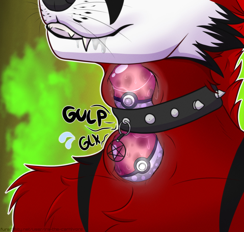 2022 anthro bodily_fluids canid canine collar cutaway fox hi_res internal ira_(ira_the_carnivore) ira_the_carnivore male male_pred mammal nintendo object_vore oral_vore pentacle pokeball pokemon saliva sketch solo spiked_collar spikes spot_color swallowing video_games vore