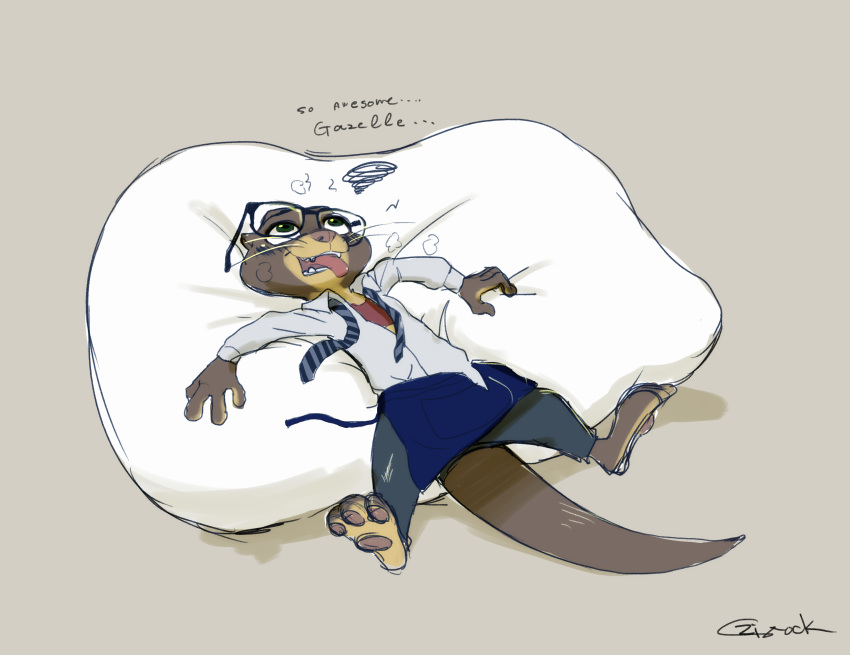 2022 3_toes 4_fingers absurd_res apron artist_name blush breath brown_body brown_fur clothed clothing digital_drawing_(artwork) digital_media_(artwork) disney disney+ english_text exhausted eyewear feet female fingers fur glasses green_eyes hi_res lutrine mammal mustelid necktie open_clothing open_mouth open_shirt open_smile open_topwear panting pawpads paws pillow resting sam_(zootopia+) shirt signature simple_background smile solo teeth text tired toes tongue tongue_out topwear waist_apron whiskers zigrock001 zootopia zootopia+