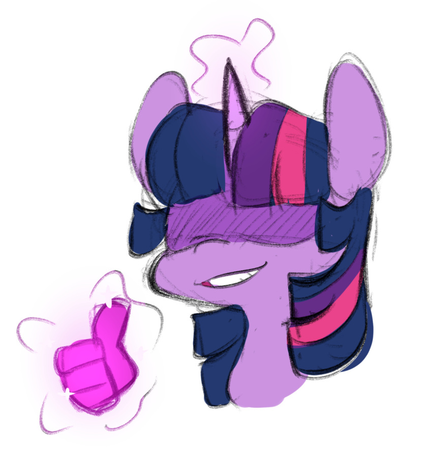 4_fingers bangs bust_portrait digital_media_(artwork) disembodied_hand doodlemark equid equine female feral fingers friendship_is_magic gesture hair hasbro hi_res horn magic mammal my_little_pony portrait purple_body purple_hair simple_background smile solo teeth thumbs_up twilight_sparkle_(mlp) unicorn white_background