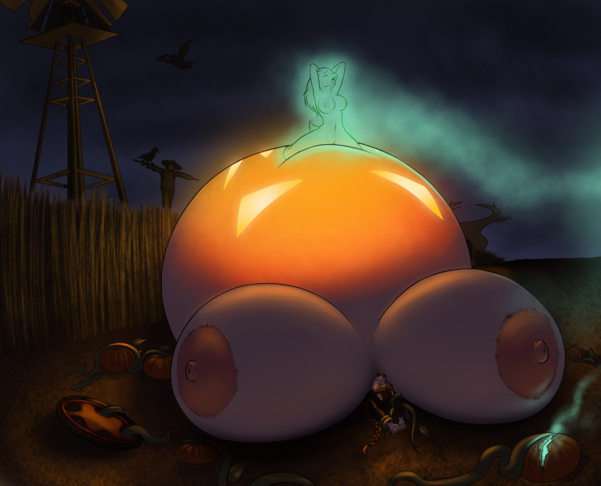anthro aydry_hunter belly belly_inflation big_belly big_breasts breasts canid canine canis cervid domestic_dog duo farm female female/female food fruit ghost hair halloween hi_res holidays huge_breasts hyper hyper_belly hyper_breasts inflation jack-o'-lantern jackie_shay mammal mixed_breed plant pumpkin red_hair rexton_industries spirit tagme utonagan