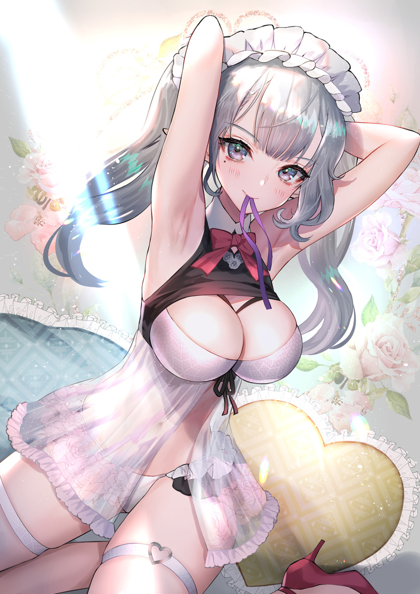 1girl armpits arms_behind_head arms_up babydoll bangs bare_shoulders bikini blush bow bowtie breasts cleavage closed_mouth crop_top dutch_angle elf floral_print flower frilled_bikini frilled_pillow frills front-tie_bikini_top front-tie_top grey_hair heart heart_pillow high_heels highres hitowa indoors large_breasts long_hair looking_at_viewer maid maid_bikini maid_headdress mole mole_under_eye mouth_hold navel on_bed original pillow pink_flower pink_rose pointy_ears purple_eyes purple_ribbon red_bow red_bowtie red_footwear ribbon rose see-through sitting skindentation solo sparkle sunlight swimsuit thigh_strap thighs twintails white_bikini