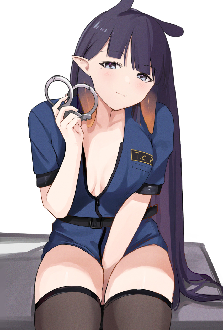 1girl between_legs black_thighhighs blue_eyes breasts closed_mouth cuffs hand_between_legs handcuffs highres holding holding_handcuffs hololive hololive_english ku_roiko long_hair looking_at_viewer mole mole_under_eye ninomae_ina'nis police police_uniform policewoman purple_hair short_sleeves sitting solo tentacle_hair thighhighs uniform very_long_hair virtual_youtuber white_background