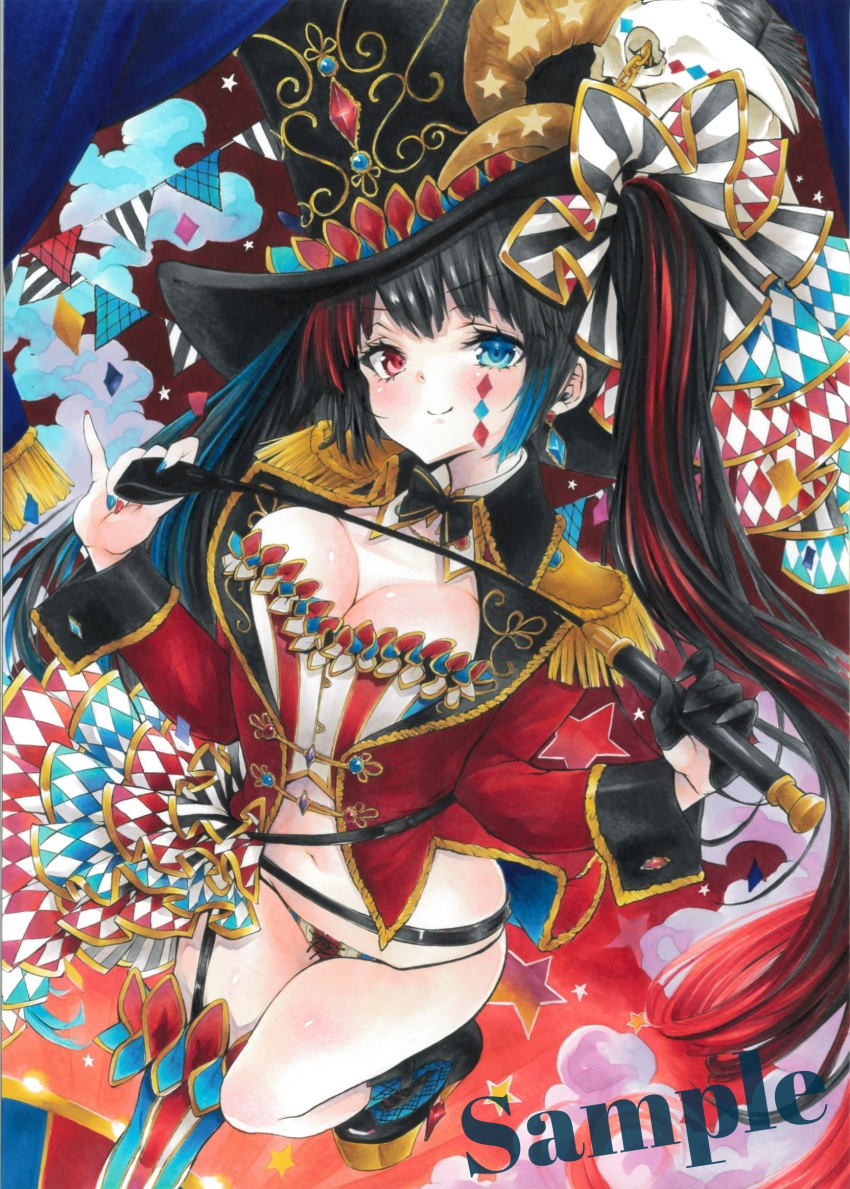 1girl arim0k0 black_footwear black_hair black_headwear blue_eyes blue_hair blue_nails breasts circus cleavage closed_mouth full_body hat heterochromia highres jacket large_breasts looking_at_viewer multicolored_hair original red_eyes red_hair red_jacket red_nails sample_watermark smile solo top_hat traditional_media whip