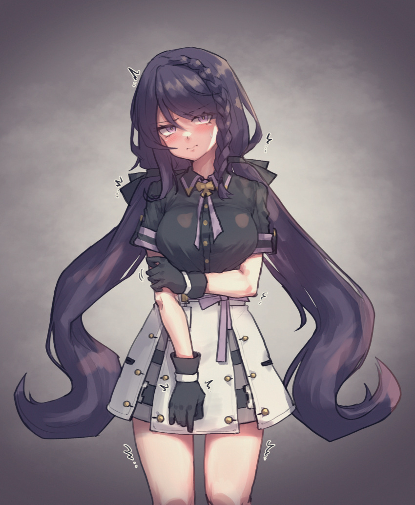 1girl arm_under_breasts black_gloves black_shirt black_survival blush braid breasts cowboy_shot front_braid gloves grey_background head_tilt highres hyejin_(black_survival) long_hair looking_at_viewer medium_breasts purple_eyes purple_hair rq_(35695551) shirt short_sleeves skirt solo standing sweatdrop trembling twintails very_long_hair white_skirt