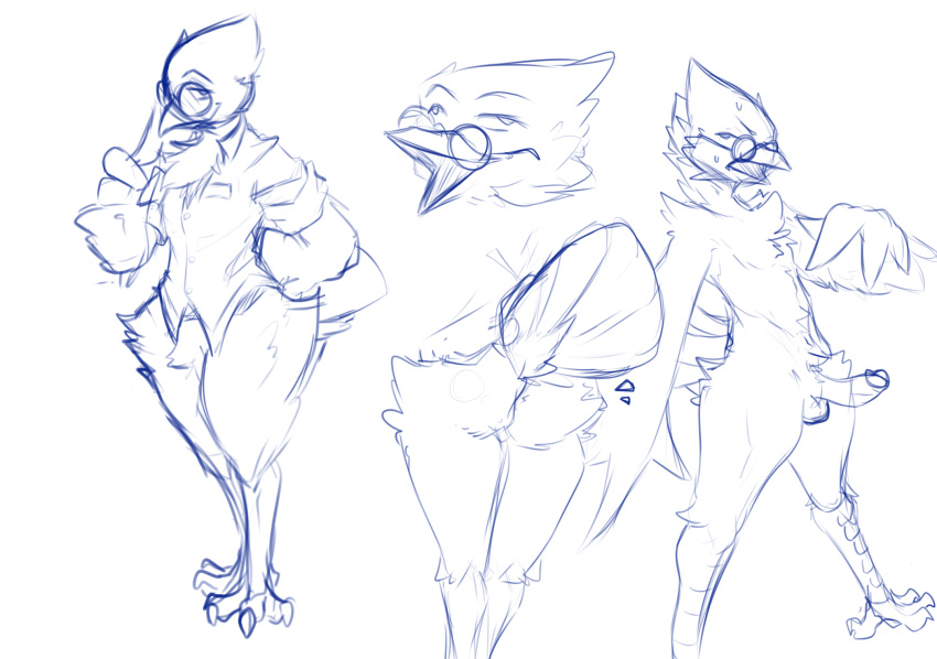 4_toes anisodactyl anthro anus avian balls berdly bird blue_and_white bodily_fluids bottomless butt clothed clothing deltarune eyewear father_hill feathers feet genitals glasses hi_res male monochrome nude penis shirt shirt_only sketch sketch_page solo sweat tail_feathers toes topwear topwear_only undertale_(series) video_games