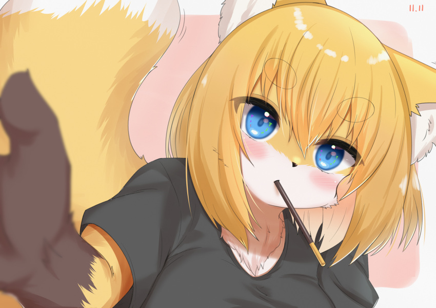 2022 anthro blonde_hair blue_eyes blush brown_body brown_fur canid canine chest_tuft countershading digital_media_(artwork) dipstick_tail female female_anthro fluffy food fox fox_next_door_(horokusa) fur gloves_(marking) hair hi_res horokusa0519 inner_ear_fluff kemono looking_at_viewer mammal markings multicolored_body multicolored_fur multicolored_tail pocky short_hair solo tail_markings tuft white_body white_fur yellow_body yellow_fur