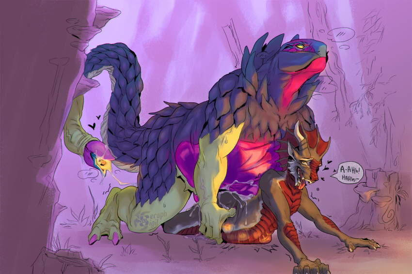 2022 4_fingers 5_fingers all_fours anthro anthro_penetrated claws dragon duo finger_claws fingers from_behind_position hi_res larger_male male male_penetrating multicolored_body multicolored_scales open_mouth penetration pink_claws red_body red_scales reptile scales scalie seraphsigil sex size_difference smaller_anthro teeth tongue vein