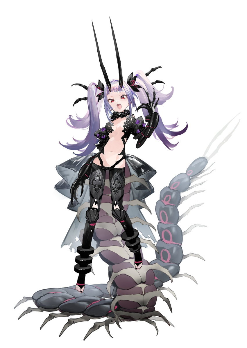 1girl black_gloves black_hairband breasts bug centipede commentary_request gloves guagua0313 hairband highres horns knee_pads long_horns looking_at_viewer navel no_shoes open_mouth original red_eyes simple_background small_breasts solo standing stomach tagme white_background white_hair