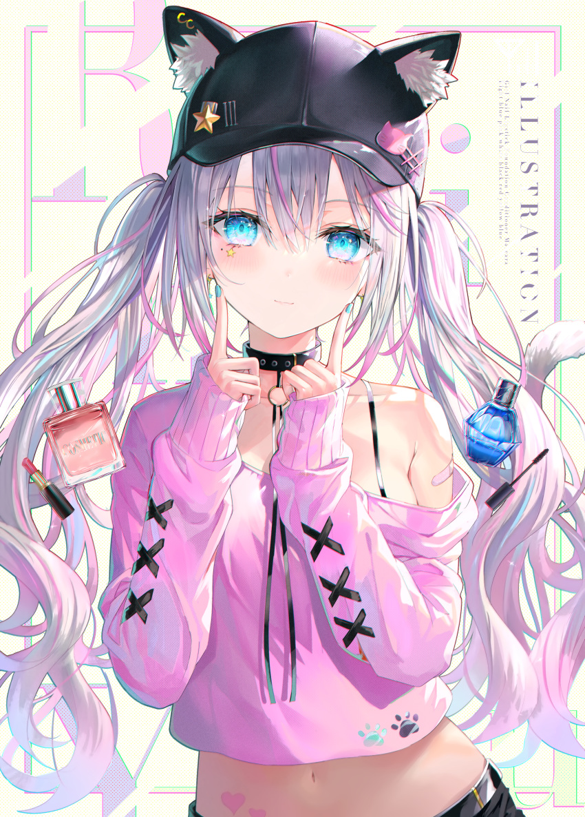 1girl absurdres animal_ears bandaid bandaid_on_arm bangs bare_shoulders baseball_cap blue_eyes blush breasts choker closed_mouth collar fake_animal_ears fingernails grey_hair hand_up hat head_tilt heart heart_tattoo highres long_hair long_sleeves looking_at_viewer makeup midriff mole mole_under_eye nail_polish navel original purple_hair rin_yuu scan shiny shiny_hair simple_background sleeves_past_wrists smile solo stomach tattoo twintails upper_body