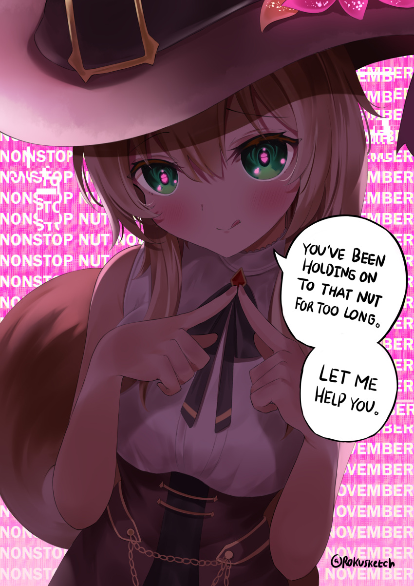 1girl :q absurdres acorn ayunda_risu bangs blush breasts brown_hair closed_mouth english_commentary english_text green_eyes hands_up hat highres hololive hololive_indonesia index_fingers_together large_breasts long_hair looking_at_viewer neck_ribbon nonstop_nut_november pink_background raised_eyebrows ribbon rokusketch shirt sleeveless sleeveless_shirt solo speech_bubble squirrel_girl squirrel_tail symbol-shaped_pupils tail text_background tongue tongue_out twitter_username witch_hat