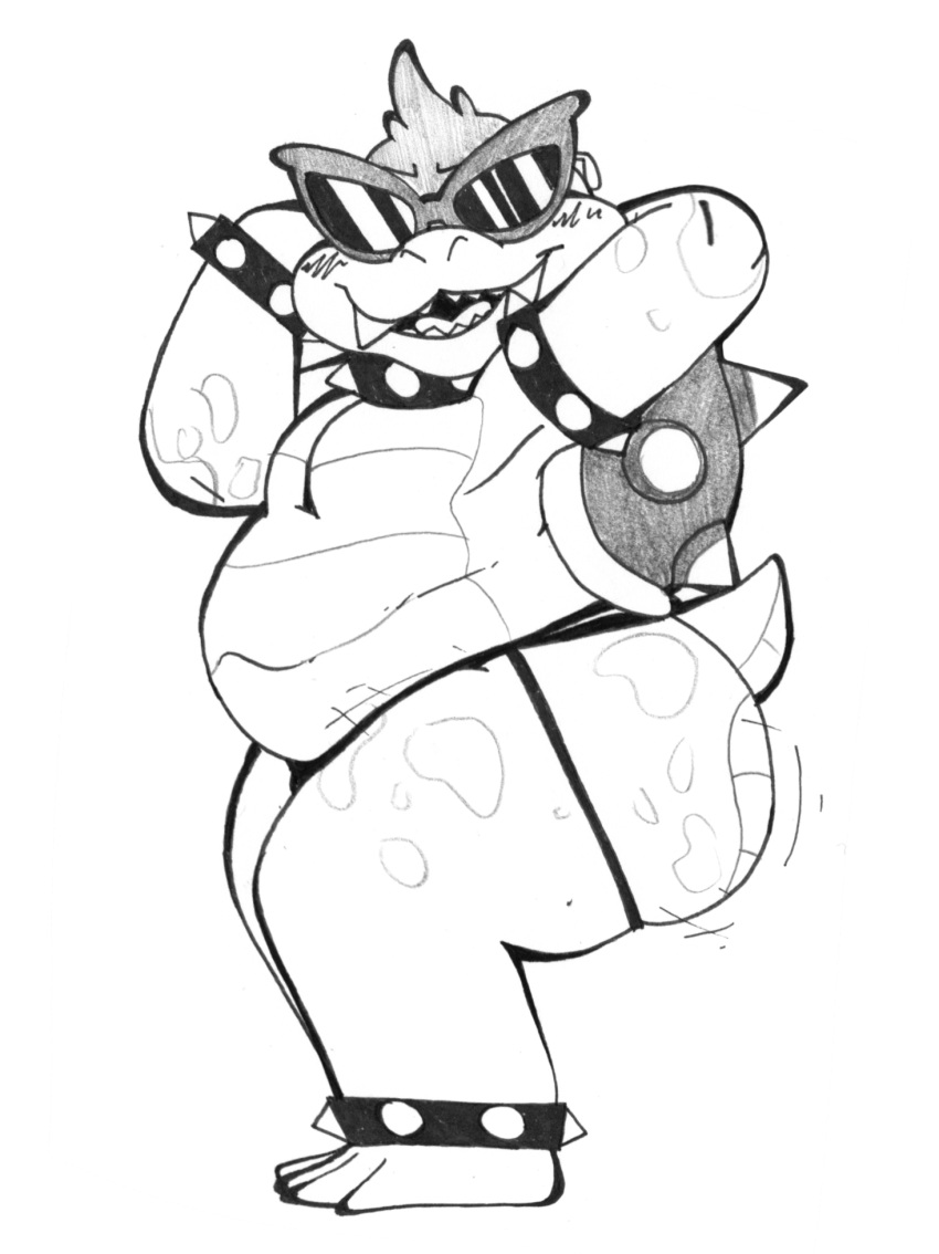 anthro belly big_butt blush bracelet butt citrussluggo clothing embarrassed eyewear hi_res jewelry jockstrap koopa koopaling line_art male mario_bros nintendo overweight roy_koopa scalie shell solo spiked_bracelet spiked_shell spikes spikes_(anatomy) sunglasses underwear video_games