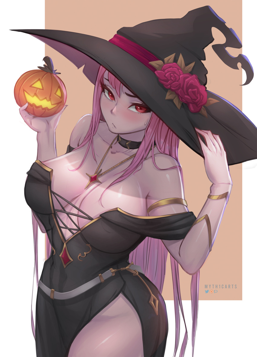 1girl absurdres artist_name black_dress breasts cleavage dress flower halloween hat hat_flower highres hololive hololive_english jack-o'-lantern large_breasts long_dress long_hair mori_calliope myth1carts off-shoulder_dress off_shoulder pumpkin red_eyes red_flower thick_thighs thighs twitter_username virtual_youtuber witch witch_hat