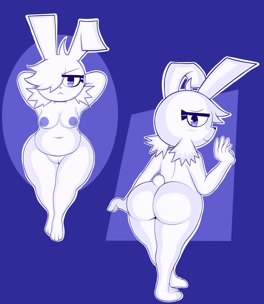 abstract_background absurd_res annie_(disfigure/rafielo) anthro areola belly blackmore butt ears_up female hair hair_over_eye hi_res lagomorph leporid looking_at_viewer looking_back mammal navel nipples nude one_eye_obstructed rabbit raised_tail solo