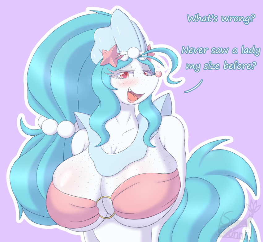 absurd_res anthro asterozoan big_breasts blue_hair bra breast_freckles breasts cleavage clothed clothing dialogue echinoderm eyelashes female freckles generation_7_pokemon hair hi_res huge_breasts long_hair mammal marine nintendo open_mouth pinniped pokemon pokemon_(species) primarina seductive simple_background snackbunnii solo starfish starfish_(accessory) underwear video_games white_body