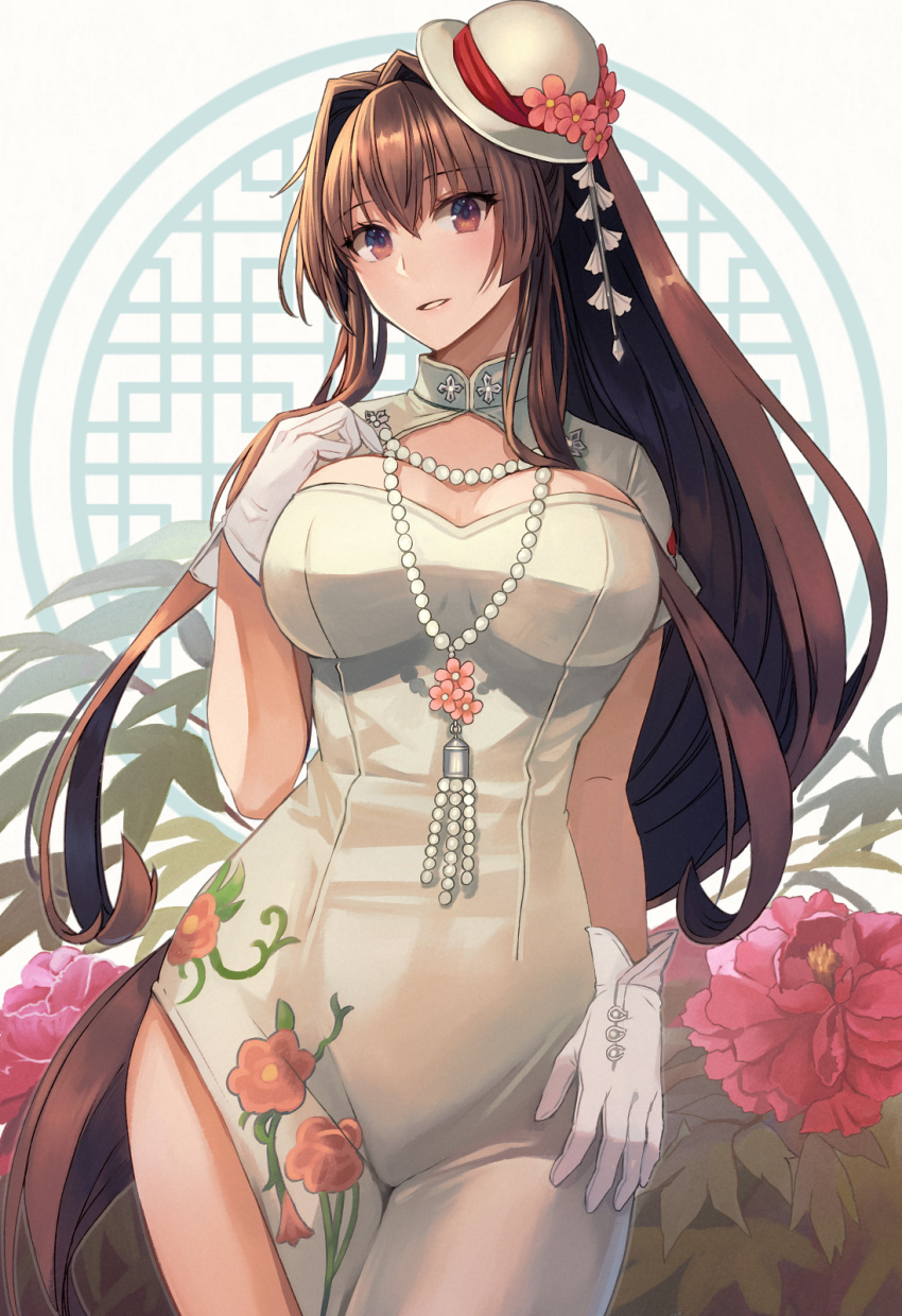 1girl alternate_costume bangs beads blush breasts breasts_apart brown_eyes brown_hair bush china_dress chinese_clothes cowboy_shot crossed_legs dress floral_print flower gloves hair_between_eyes hair_intakes hand_on_own_chest hand_up hat hat_flower head_tilt highres impossible_clothes impossible_dress jewelry kantai_collection kasumi_(skchkko) large_breasts lattice light_smile long_dress long_hair looking_at_viewer necklace parted_lips pearl_necklace ponytail red_flower short_sleeves side_slit solo standing tilted_headwear very_long_hair white_dress white_gloves white_headwear yamato_(kancolle)