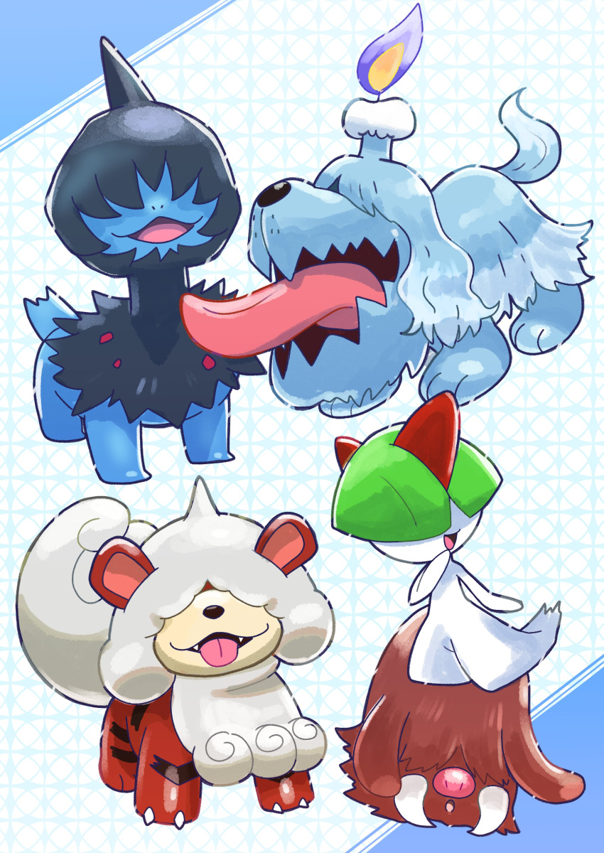 :d absurdres commentary_request deino_(pokemon) fangs fire flame greavard highres hisuian_growlithe no_humans open_mouth piloswine pokemon pokemon_(creature) ralts smile tonayon tongue tongue_out