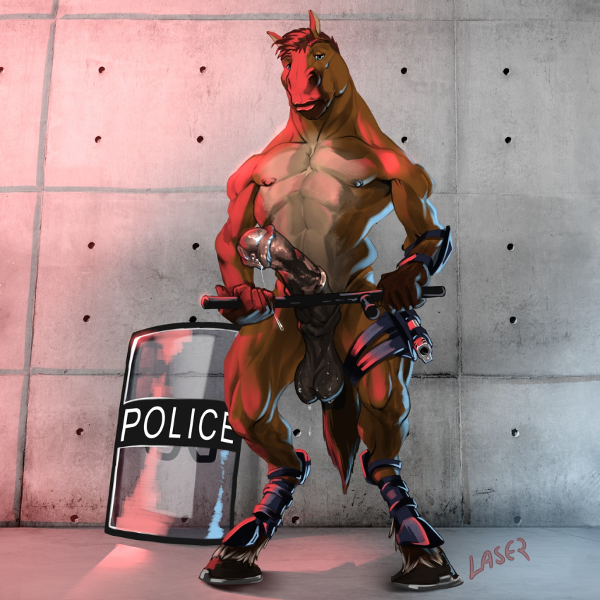 1:1 animal_genitalia animal_penis anthro balls black_hooves blue_eyes bodily_fluids brown_balls brown_body brown_hair equid equine equine_penis erection front_view full-length_portrait genitals gun hair handgun hi_res holding_object holding_weapon hooves horse laser_(artist) looking_at_viewer male mammal medial_ring mostly_nude mouth_closed muscular muscular_anthro muscular_male narrowed_eyes nipples penis portrait ranged_weapon short_hair signature solo standing sweat sweatdrop sweaty_balls sweaty_genitalia tan_body weapon