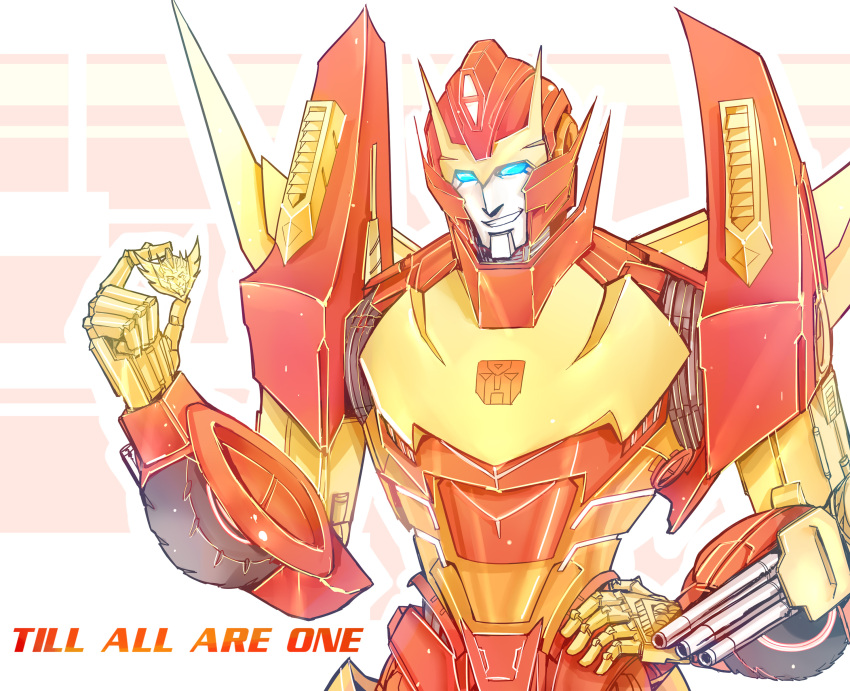 1boy autobot badge blue_eyes english_text grin gun hand_on_hip highres insignia male_focus mecha no_humans oceanapril robot rodimus science_fiction simple_background smile solo the_transformers_(idw) transformers weapon wheel