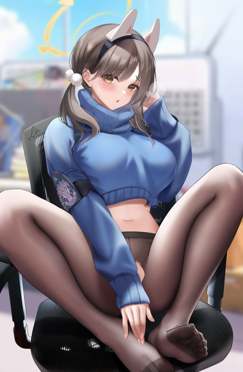 1girl animal_ears bangs blue_archive blue_skirt blue_sweater blurry blurry_background breasts brown_hair brown_pantyhose convenient_arm fake_animal_ears feet glasses halo heart heart-shaped_pupils highres knees_up large_breasts legs liu_liaoliao long_sleeves looking_at_viewer moe_(blue_archive) no_shoes on_chair pantyhose parted_lips round_eyewear signature sitting skirt solo sweater symbol-shaped_pupils toes torn_pantyhose turtleneck turtleneck_sweater twintails yellow_eyes