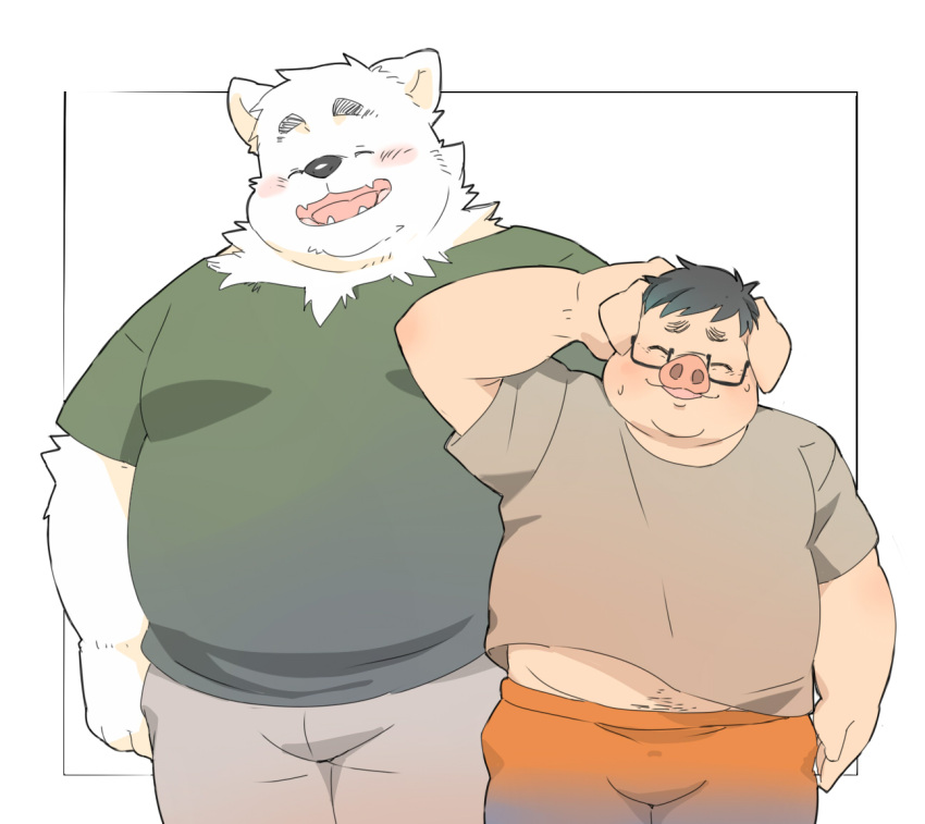 2022 anthro black_nose blush bottomwear canid canine canis clothing domestic_dog domestic_pig duo eyes_closed eyewear glasses inunoshippo kemono male mammal overweight overweight_male pants shirt suid suina sus_(pig) topwear