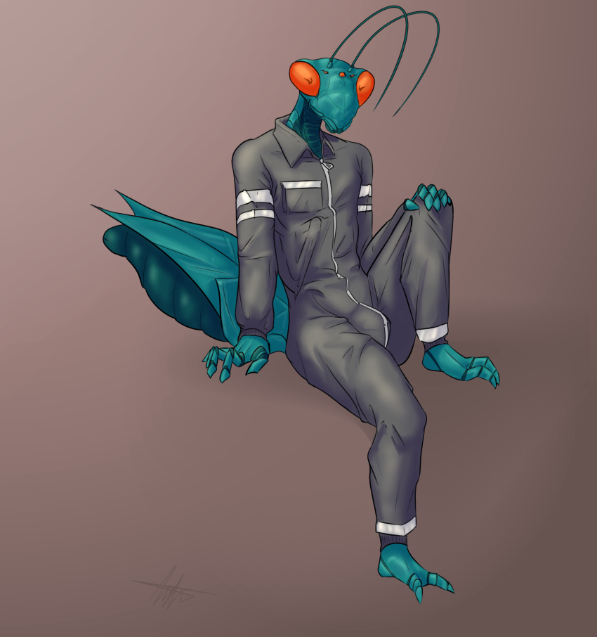 2_toes 5_eyes abstract_background absurd_res antennae_(anatomy) anthro artdemonslair arthropod arthropod_abdomen barefoot bedroom_eyes bulge clothed clothing exoskeleton feet fully_clothed grey_clothing hand_on_knee hand_on_leg hi_res insect invisible_chair invisible_geometry jumpsuit looking_at_viewer male mandibles mantis multi_eye multi_limb narrowed_eyes orange_eyes orange_pupils plantigrade pseudo_pupils pupils raised_leg seductive signature sitting solo teal_body toes two-tone_body unusual_pupils zipper