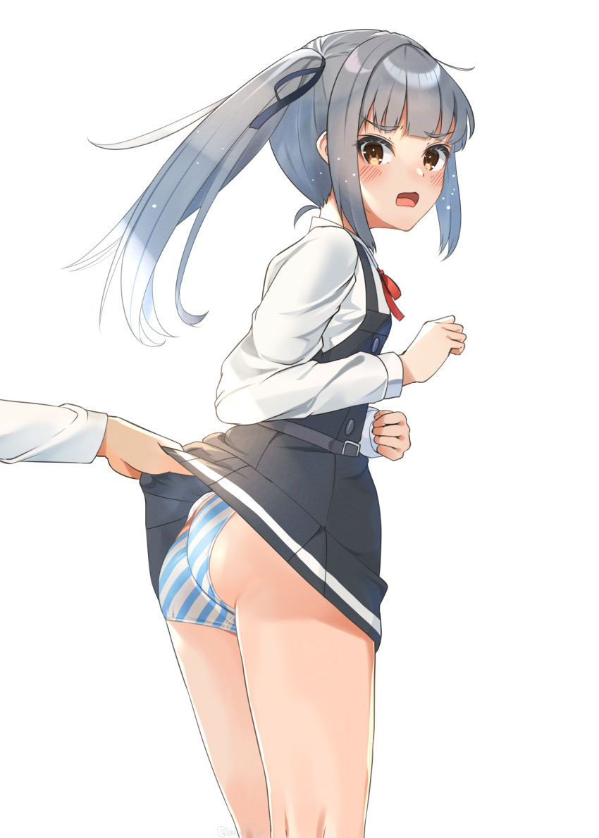1girl 1other ass brown_eyes collared_shirt commentary_request cowboy_shot dress dress_shirt grey_hair hair_ribbon highres kantai_collection kasumi_(kancolle) long_hair long_sleeves makiyuki neck_ribbon panties pinafore_dress red_ribbon ribbon shirt side_ponytail simple_background striped striped_panties underwear white_background white_shirt