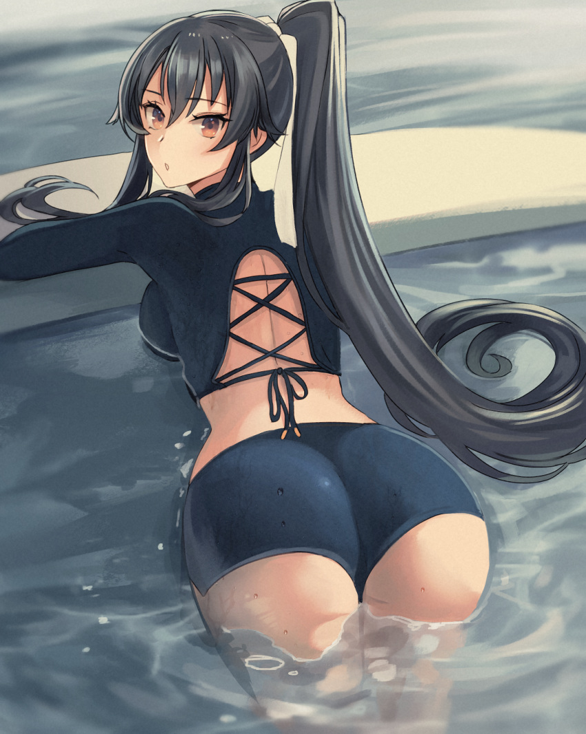 1girl alternate_costume ass black_hair blush breasts brown_eyes hair_between_eyes highres kantai_collection kasumi_(skchkko) large_breasts long_hair long_sleeves looking_at_viewer looking_back parted_lips partially_submerged ponytail solo water yahagi_(kancolle)