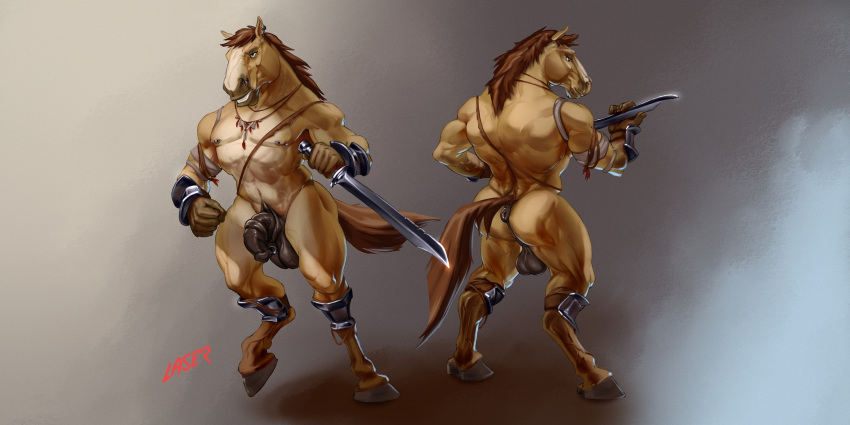 2:1 animal_genitalia animal_penis anthro balls barbell_piercing brown_anus brown_balls brown_hair brown_mane brown_penis equid equine equine_anus equine_penis front_view fur genital_piercing genitals grey_eyes hair half-erect hi_res holding_object holding_sword holding_weapon horse laser_(artist) male mammal mane medial_ring melee_weapon mostly_nude muscular muscular_anthro muscular_male narrowed_eyes nipple_barbell nipple_piercing nipples penis penis_piercing piercing rear_view shadow signature simple_background solo standing sword tan_body tan_fur teeth weapon