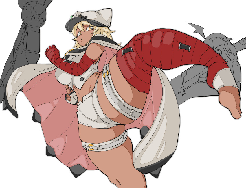 1girl absurdres animal_hat bamman bandaged_arm bandaged_leg bandages blonde_hair cape chestnut_mouth clenched_hand cowboy_shot crop_top dark-skinned_female dark_skin fingerless_gloves floating floating_object floating_sword floating_weapon foreshortening from_below gloves guilty_gear guilty_gear_xrd hat hat_with_ears highres kicking ligne_claire long_hair looking_at_viewer looking_down midriff open_mouth ramlethal_valentine red_bandage short_shorts shorts simple_background skindentation solo standing standing_on_one_leg stomach sword thick_thighs thigh_strap thighs weapon white_background white_cape white_gloves white_headwear white_shorts wide_hips yellow_eyes