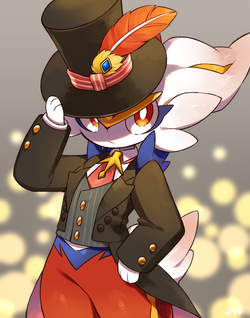 ambiguous_gender black_tie_(suit) cinderace clothing fur generation_8_pokemon hat headgear headwear hi_res holowear_(pokemon) looking_at_viewer minamo_(pixiv17726065) nintendo orange_body orange_eyes orange_fur pokemon pokemon_(species) pokemon_unite solo suit tuxedo_style_cinderace video_games white_body white_fur