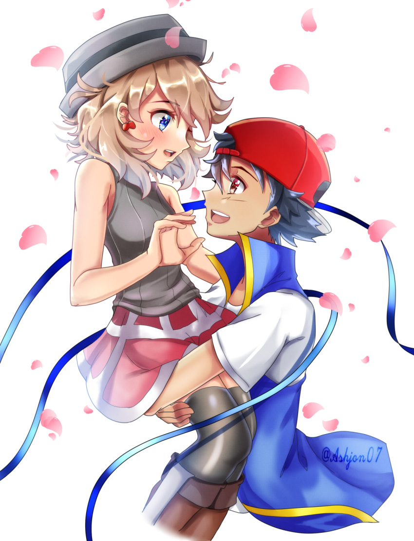 1boy 1girl ash_ketchum ashujou baseball_cap black_hair blonde_hair blue_eyes brown_eyes confetti earrings grey_headwear hat highres holding jacket jewelry looking_at_another open_mouth pleated_skirt pokemon pokemon_(anime) pokemon_journeys red_skirt serena_(pokemon) shirt short_hair skirt smile thighhighs white_background