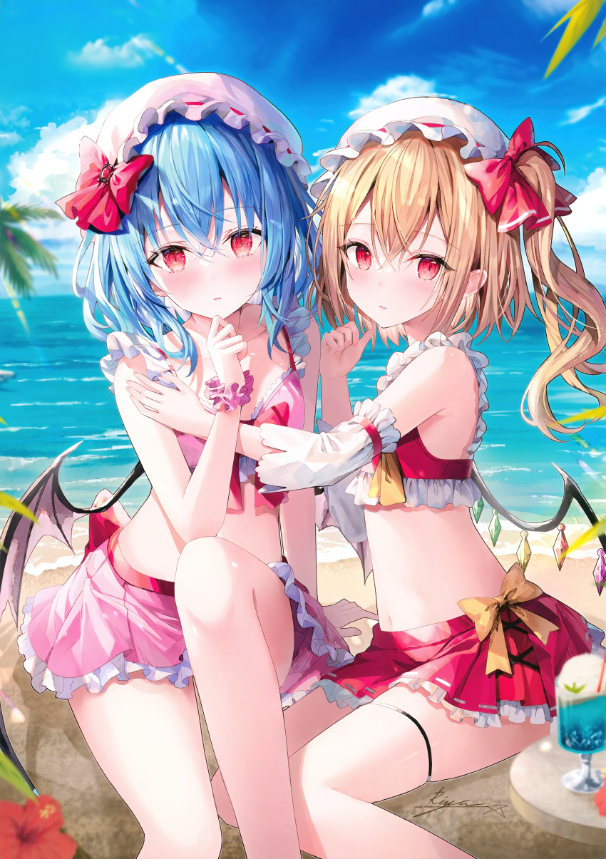 2girls absurdres artist_name bangs bare_shoulders bikini bikini_skirt blonde_hair blue_hair blue_sky blush bow breasts cloud cloudy_sky collarbone flandre_scarlet flower frilled_bikini frills hair_bow hand_up hibiscus highres long_hair looking_at_viewer midriff multiple_girls ocean parted_lips red_eyes remilia_scarlet ribbon rin_yuu scan scrunchie shiny shiny_hair signature simple_background sky small_breasts swimsuit thighs touhou water wings wrist_scrunchie